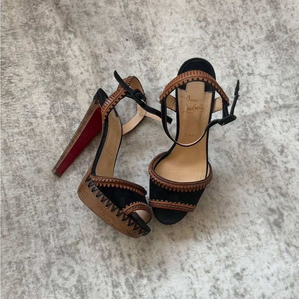 Christian Louboutin Black and Brown Leather Platform Sandals Size 41